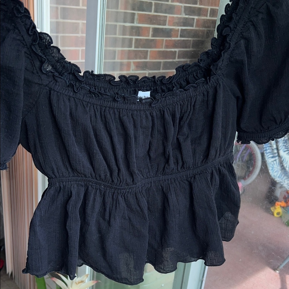 Aritzia Sunday Best Black Smocked Peasant Top